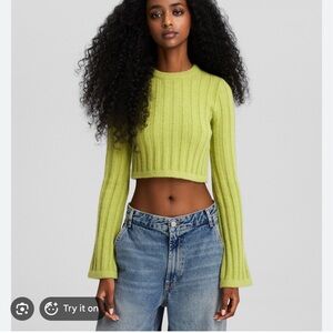 Bershka Lime Green Ribbed Cropped Sweatshirt
